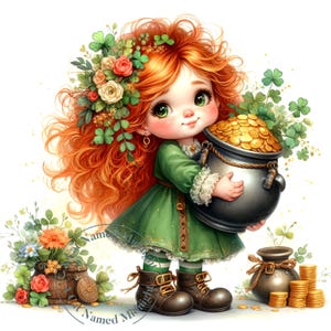 Cute Leprechaun Girl Clipart 14 JPG Whimsical St. Patrick's Day Clip Art Saint Patricks Pot of Gold Images Digital Download Printable Art