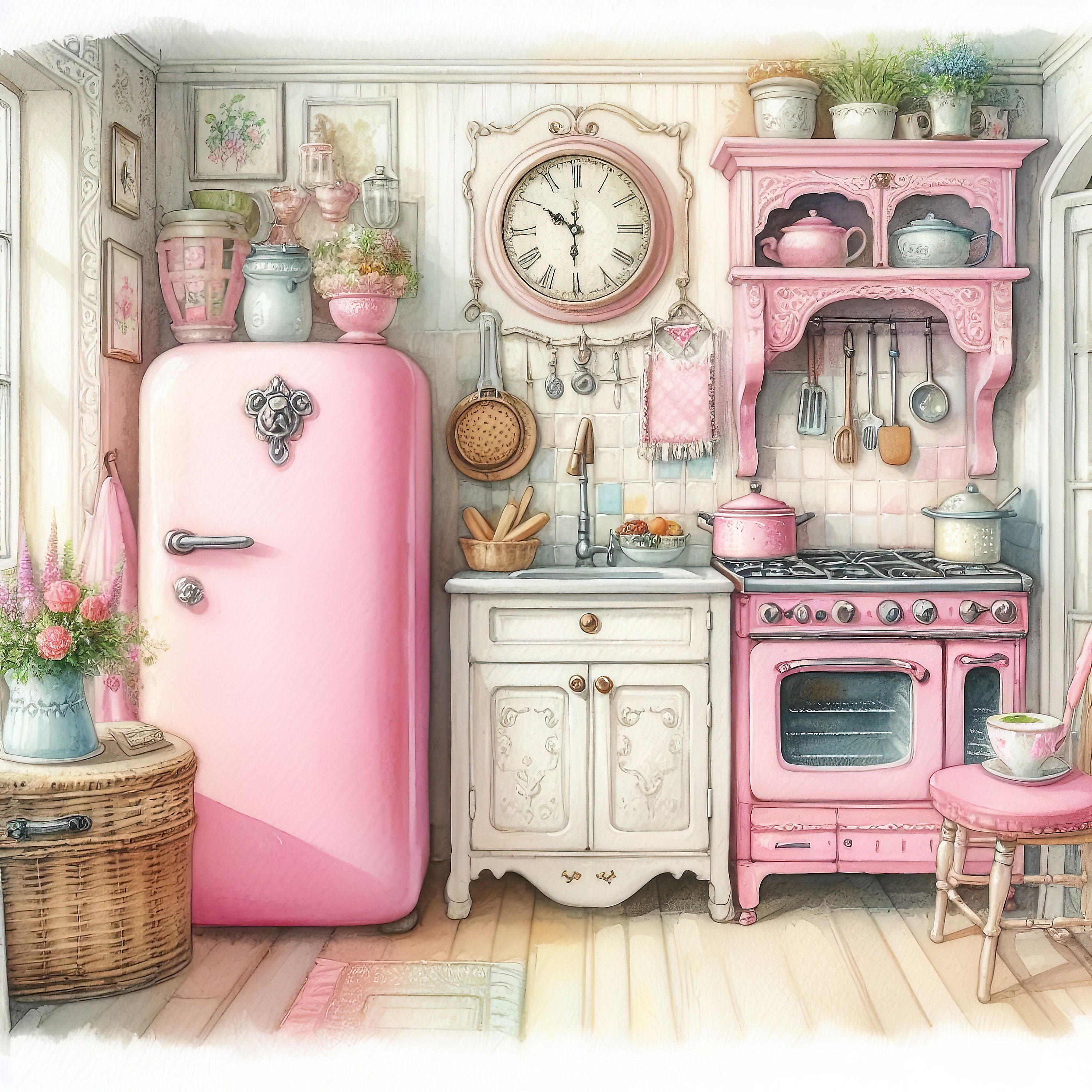 Watercolor Shabby Chic Retro Kitchen Clipart Pink Kitchen Vintage Clip Art Watercolor Clipart ...