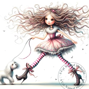 Quirky Girl Walking Her Dog Clipart 12 JPG Watercolor Clipart Images Digital Download Printable Wall Art Cute Quirky Girl and Dog Clip Art