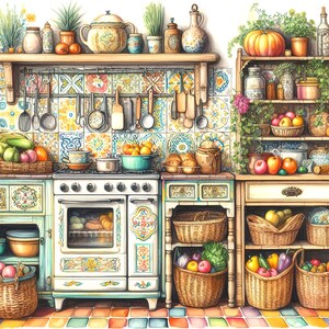 May include: A vintage kitchen with a white stove featuring colourful floral designs, a wooden cabinet with a tiled backsplash, and a wooden shelf with a variety of kitchenware. There are baskets of fruit and vegetables on the counter and shelves.