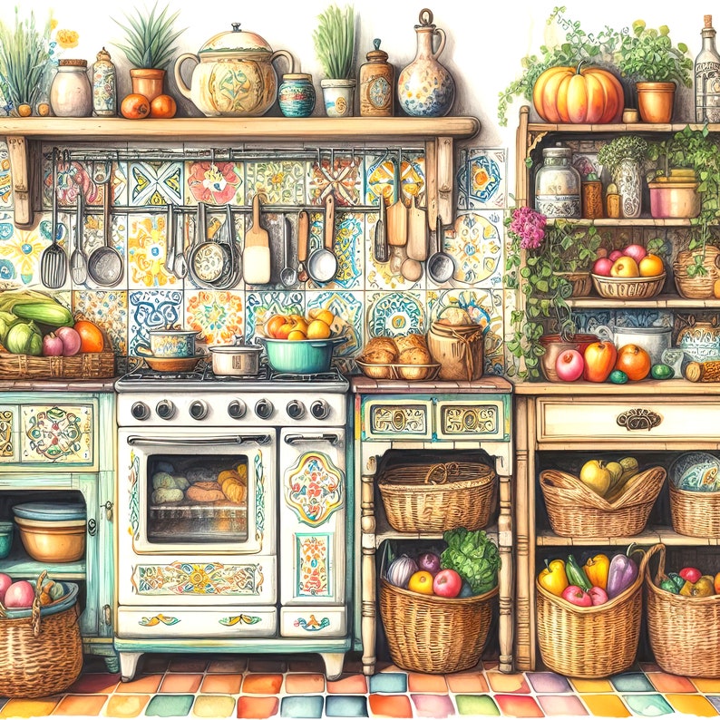 May include: A vintage kitchen with a white stove featuring colourful floral designs, a wooden cabinet with a tiled backsplash, and a wooden shelf with a variety of kitchenware. There are baskets of fruit and vegetables on the counter and shelves.