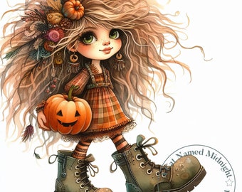 Quirky Girl and Her Pumpkin Clipart 12 JPGs Whimsical Watercolor Clipart Autumn Images Bundle Digital Download Printable Wall Art