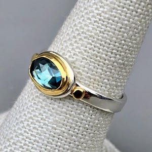 Natural Rose Cut Blue Zircon Bezel Set in Solid 18k Yellow Gold on Sterling Silver Ring Shank Embellished by 18k Yellow Gold Details