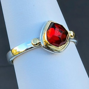 Rose Cut Garnet Ring: Solid 18k Yellow Gold Bezel and Details & Sterling Silver Shank