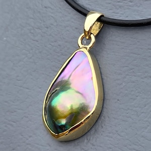 Peut inclure: Pendentif en forme de poire avec une bélière et une lunette dorées, mettant en valeur une pierre précieuse irisée. La pierre précieuse affiche des teintes de rose, de vert et d'or. Le pendentif est suspendu à un cordon noir.