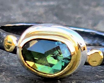 Rose Cut Green Sapphire in Solid 18k Gold on Oxidized Sterling Shank