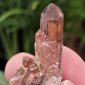 May include: A natural, reddish-brown quartz crystal cluster. The main crystal is a tall, six-sided prism with a pointed termination. Smaller crystals are attached to the base. The crystal has a translucent appearance with some areas of opacity.