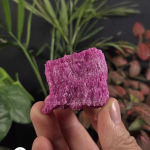 May include: A raw, vibrant magenta-colored mineral specimen with a rough, crystalline texture and a rectangular shape. The stone displays a deep, saturated pink hue with visible striations and a sparkling, multifaceted surface structure.