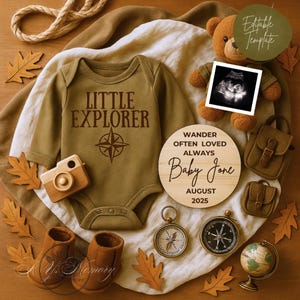 Modèle d'annonce de grossesse Little Explorer - Révélation de bébé aventure pour garçon - Mise à plat numérique rustique modifiable - Date d'échéance, modèle pour bébé