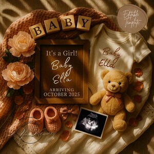 Boho Baby Girl Pregnancy Announcement, Editable Digital Template, Floral Pink Baby Reveal Canva Download, Social Media Gender Reveal, Flower