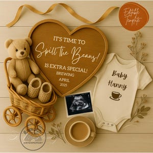 Coffee Baby Announcement Template, Editable Pregnancy Reveal, Brewing Baby 2025, Gender Neutral Flatlay, Digital Download, Canva Template