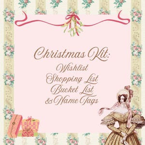 Kit di Natale Vintage Coquette: Lista dei desideri, Lista della spesa e targhette con i nomi in stile Vintage Coquette rosa (stampabile e modificabile)