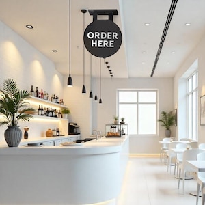 Restaurant Cafe Custom Business  Order Here PVC Sign, Hanging Sign, Double Sided Outdoor Sign, Round Storefront Sign, Business Logo Sign