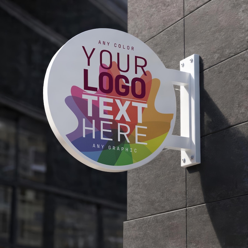 White double sided round hanging business sign mounted on exterior wall with custom logo, modern storefront blade sign