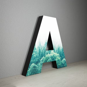 May include: A large, white, three-dimensional letter A with a black border. The letter is filled with a photo of a forest with green trees and a foggy background.