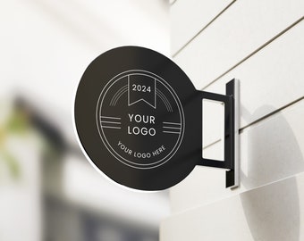 May include: Black round sign with a white circle containing the text "YOUR LOGO" and "YOUR LOGO HERE" with a white banner above that says "2024".