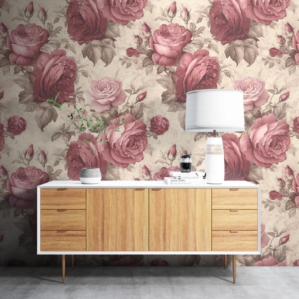 Red Rose Removable Wallpaper, Vintage Floral Wallpaper - Peel & Stick, Reusable, Self Adhesive, 26 Inch Fixed Panels, Easy Install