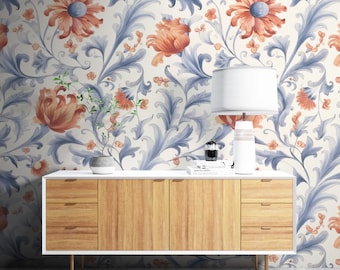 Removable Wallpaper, Beautiful Orange Floral Flower - Peel & Stick, Reusable, Self Adhesive, 26" Panels, Easy Install, Seamless