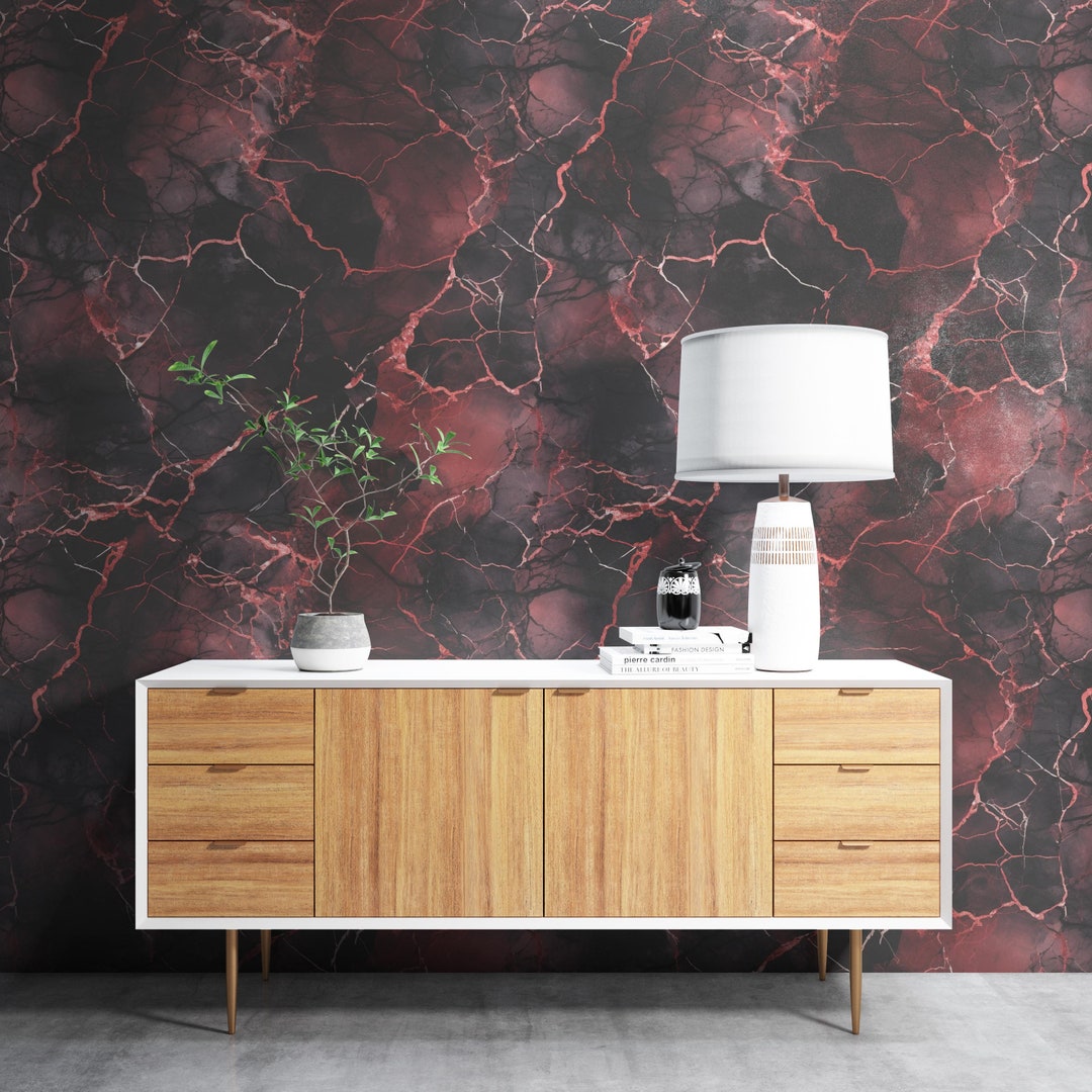 Black and Red Marble Wallpaper Custom Printed, Peel & Stick, Reusable
