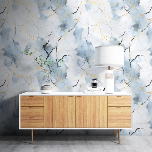 Removable Wallpaper, Blue and Gold Marble - Peel & Stick, Reusable, Self Adhesive, 26" Panels, Easy Install, Seamless