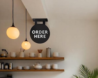 Food Court Cafe Custom Business  Order Here Sign, Hanging Sign, Double Sided Outdoor Sign, Round Storefront Sign, Business Logo Sign
