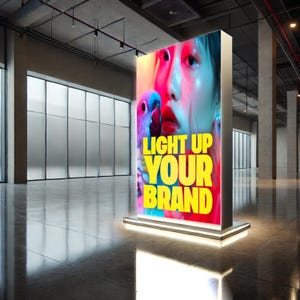 May include: A light-up sign with a woman's face and a parrot on it. The sign is yellow and says "Light Up Your Brand".