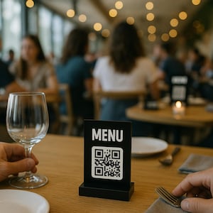May include: A black table menu with the word "MENU" in white text and a QR code. The menu is on a wooden table with a wine glass and a fork. Other people are in the background.