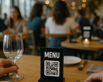 Custom Black Acrylic Tabletop Sign: QR Code, Menu, Logo Display