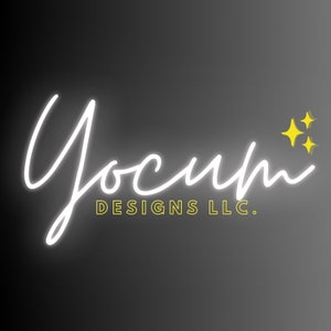 May include: A logo design with the name "Yocum" in a white, neon-style script. Below the name, the text "DESIGNS LLC." is in a yellow, sans-serif font. Two yellow stars are in the upper right corner, all on a dark gray background.