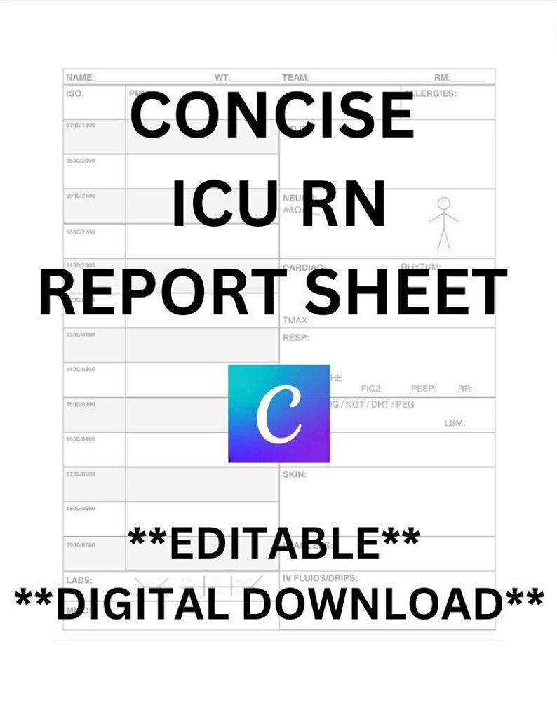 Editable ICU RN Report Sheet, New Graduate RN Resource, Concise