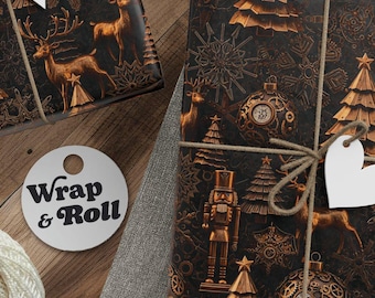 Steampunk Christmas Wrapping Paper | Industrial Clockwork Reindeer Gift Wrap | Vintage Bronze Nutcracker Holiday Paper for Tech and Men