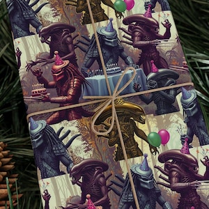 Alien vs Predator Party Wrapping Paper | Funny Sci-Fi Gift Wrap | Xenomorph Birthday Paper | All Occasion Horror