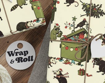 Papier cadeau humoristique avec animaux poubelles | Noël déjanté | Cadeau gag raton laveur/opossum | Humour noir et échange de cadeaux.