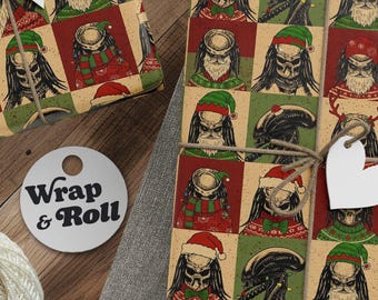 Lustiges Alien vs Predator Hässliches Weihnachtspullover-Geschenkpapier | Sci-Fi-Horror-Geschenkpapier | Weihnachts-Gag-Geschenk