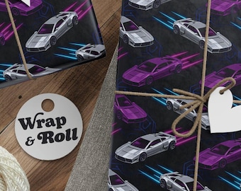 Supercar Wrapping Paper | Cyberpunk Hypercar Gift Wrap | Neon Synthwave Sports Car Paper for Men, Boys, Gamers & Car Enthusiasts
