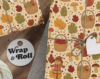 Autumn Harvest Wrapping Paper | Fall Leaves Baskets Gift Wrap | Cozy Cottagecore Thanksgiving Paper Scarecrow, Mushrooms & Acorns