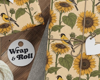 Sunflower and Goldfinch Wrapping Paper | Vintage Botanical Bird Gift Wrap | Whimsical Nature Paper for Birthdays and Bird Lovers