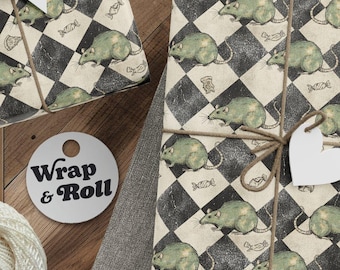 Vintage Rat Wrapping Paper Roll, Quirky Checkerboard Gift Wrap, Pet Mouse & Cheese Paper, Goblincore Oddity Packaging Sheets