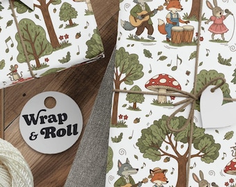Woodland Animals Music Band Wrapping Paper | Whimsical Forest Concert Gift Wrap | Hand Drawn Paper for Baby Shower Kids Birthday Recital