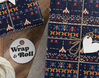 Retro Gamer Wrapping Paper Roll, Ugly Sweater Video Game Gift Wrap, Arcade Space Invader Christmas Paper, Geeky Holiday Packaging Sheets