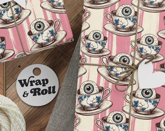 Eyeball Tea Cup Wrapping Paper | Gothic Whimsigoth Gift Wrap | Surreal Victorian Oddity Paper for Tea Parties, Birthdays and Horror Fans
