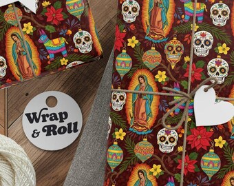 Mexican Christmas Wrapping Paper | Virgin of Guadalupe Gift Wrap | Sugar Skull Holiday Paper | Feliz Navidad Piñata Print