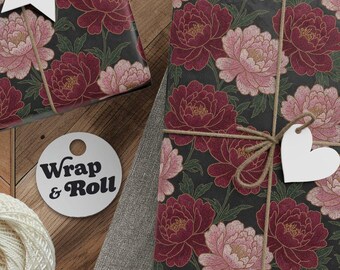 Luxury Anniversary Wrapping Paper | Dark Peony Floral Gift Wrap | Burgundy & Gold Moody Stationery for Romantic Gifting