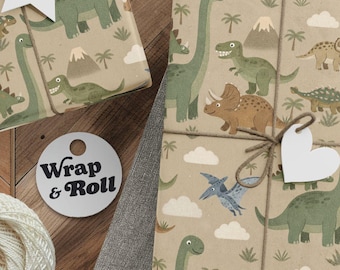 Dinosaur Wrapping Paper Roll, Aesthetic Dino Birthday Gift Wrap, Gender Neutral Baby Shower Paper, Earthy Kids Prehistoric Packaging Sheets