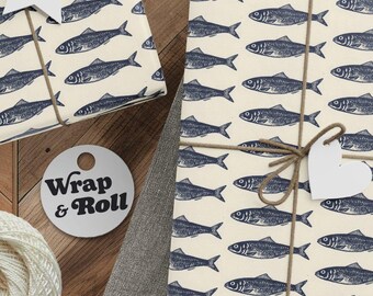 Vintage Sardine Wrapping Paper | Navy Blue Fish Gift Wrap | Artisanal Coastal Stationery for Foodies, Anglers and Beach House Gifting