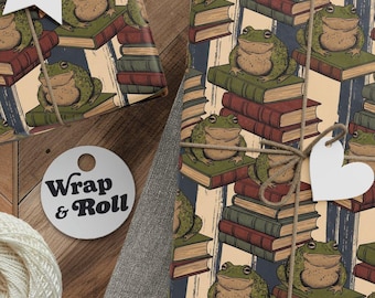 Bookish Toad Wrapping Paper | Dark Academia Book Lover Gift Wrap | Vintage Frog on Books Stationery for Librarians, Students & Teachers