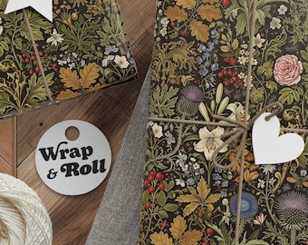 Vintage Botanical Wrapping Paper | Dark Cottagecore Floral Gift Wrap | William Morris Style Nature Paper for Luxury Autumn Gifting