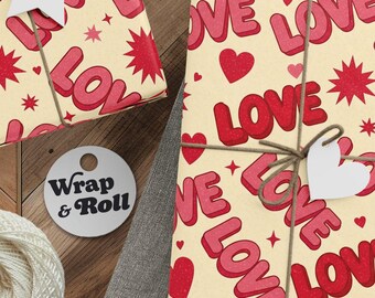 Retro Love Wrapping Paper Roll, Vintage Heart Valentine Gift Wrap, Trendy Galentine Party Paper, Aesthetic Anniversary Packaging Sheets