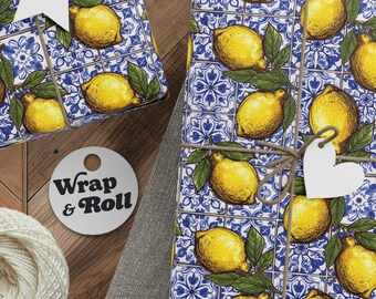 Amalfi Lemon Wrapping Paper | Blue Azulejo Tile Gift Wrap | Mediterranean Summer Paper for Destination Wedding and Bridal Shower