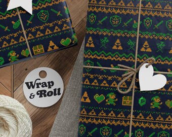 Gamer Wrapping Paper | Retro Video Game Gift Wrap | Geeky Ocarina Pixel Art Pattern Paper | Adventure Birthday & Holiday Present For Him